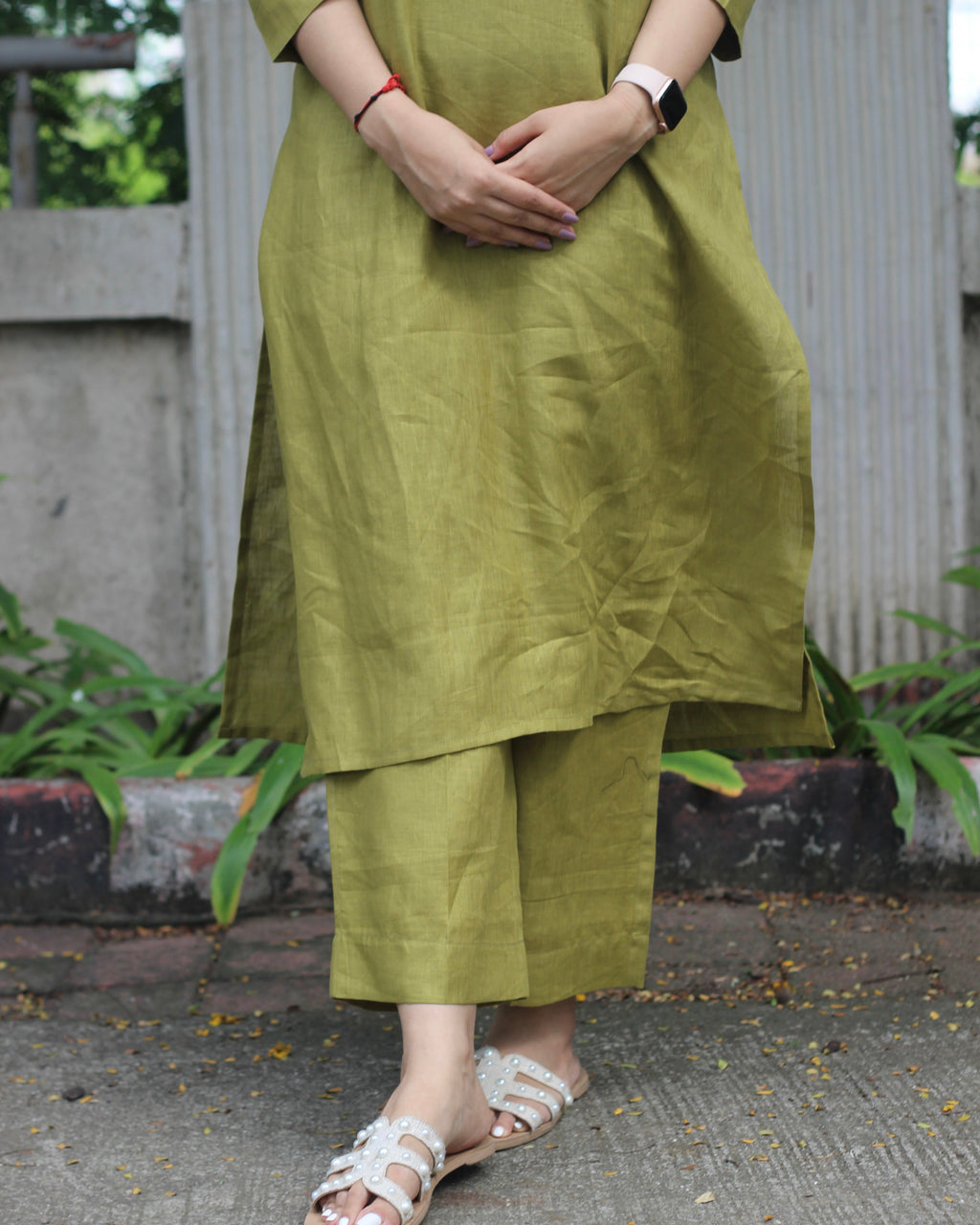 Mustard Green Premium Linen Kurta Set
