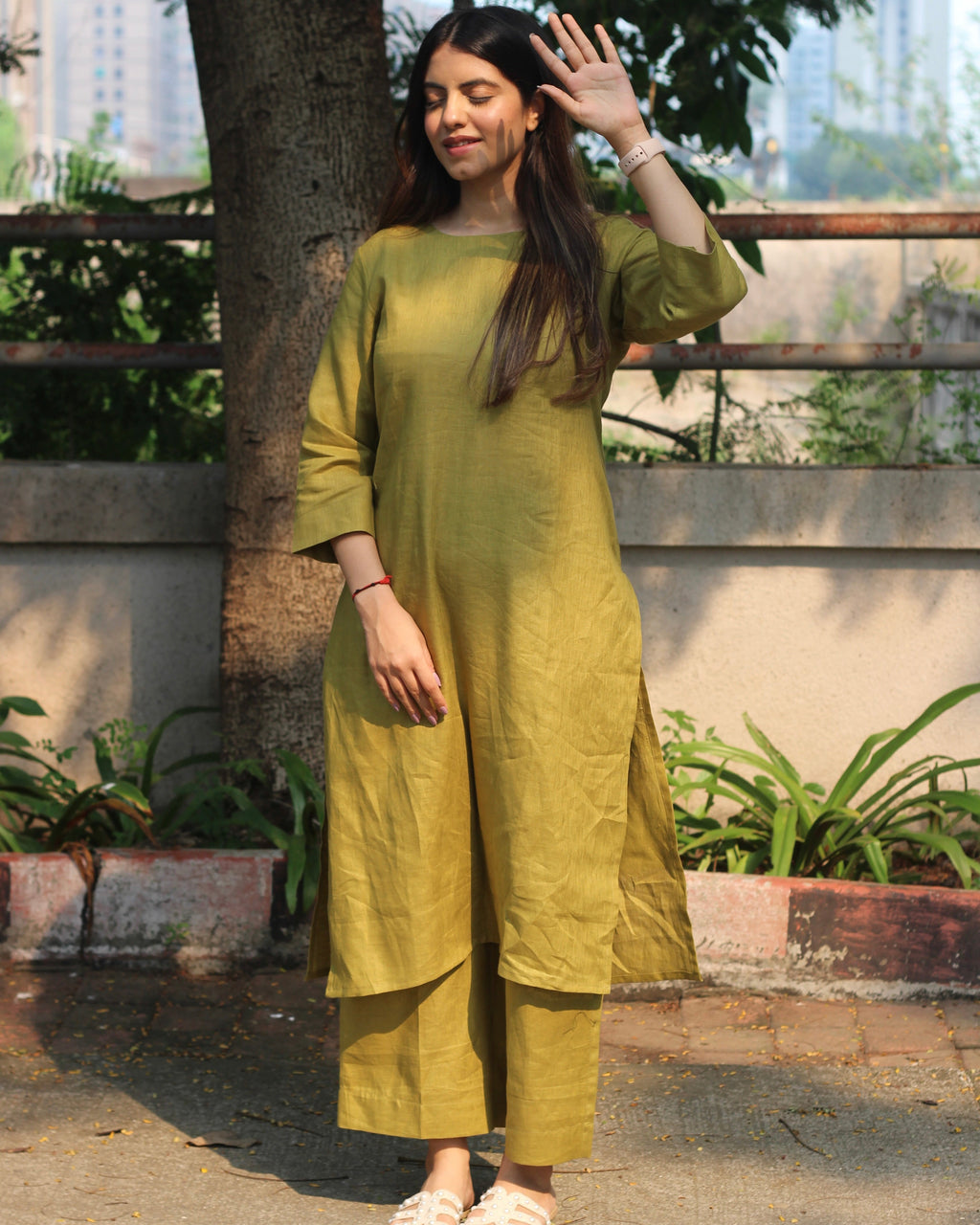 Mustard Green Premium Linen Kurta Set