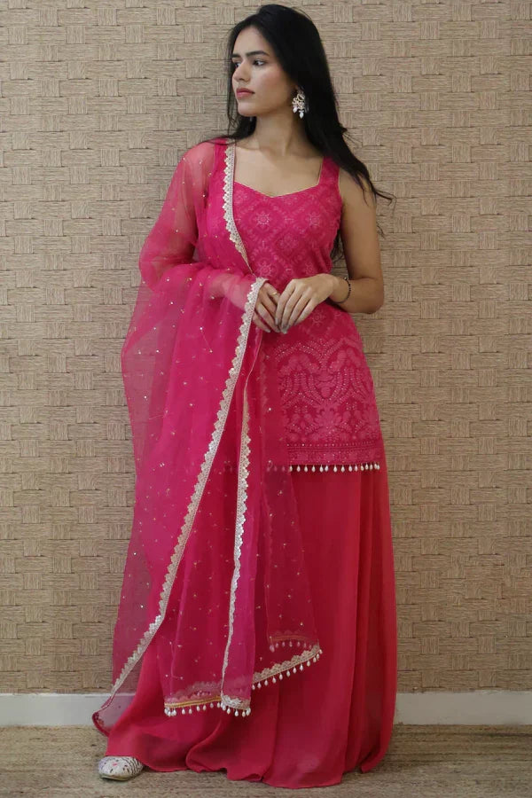 Yashvi Pink Embroidered Georgette Kurta Sharara Set