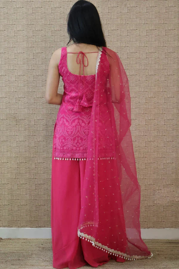 Yashvi Pink Embroidered Georgette Kurta Sharara Set