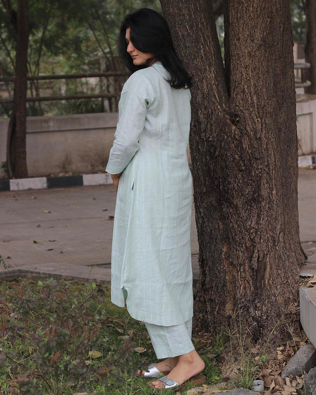 Premium linen Pistastripe Kurta Set