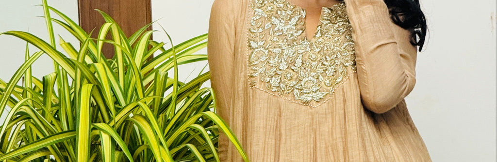Beige Mul chanderi embroideredAnarkali with Farshi Salwar