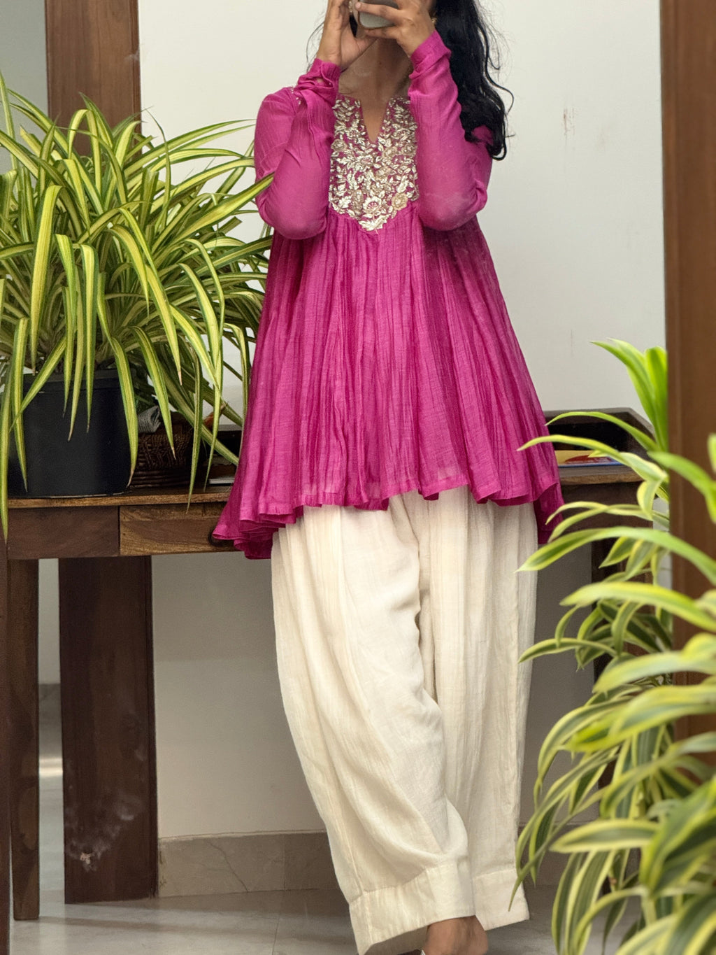 Pink Mul chanderi Anarkali and White Farshi Salwar