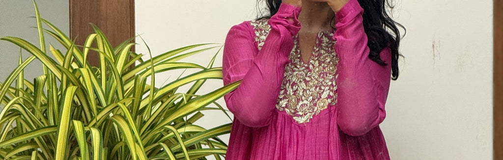 Pink Mul chanderi Anarkali and White Farshi Salwar
