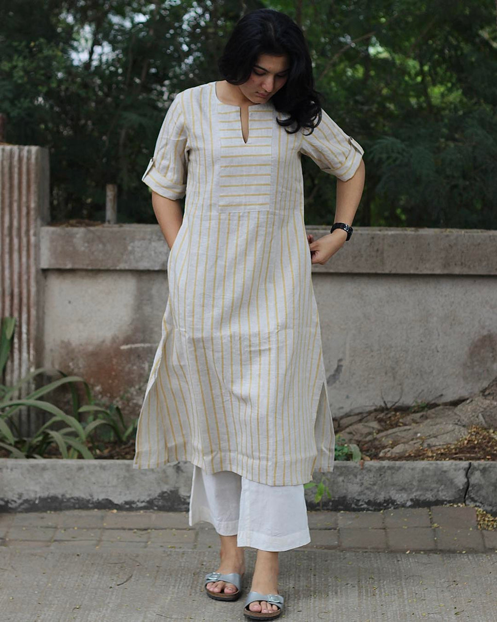 Premium linen Lemon Stripe Long kurta