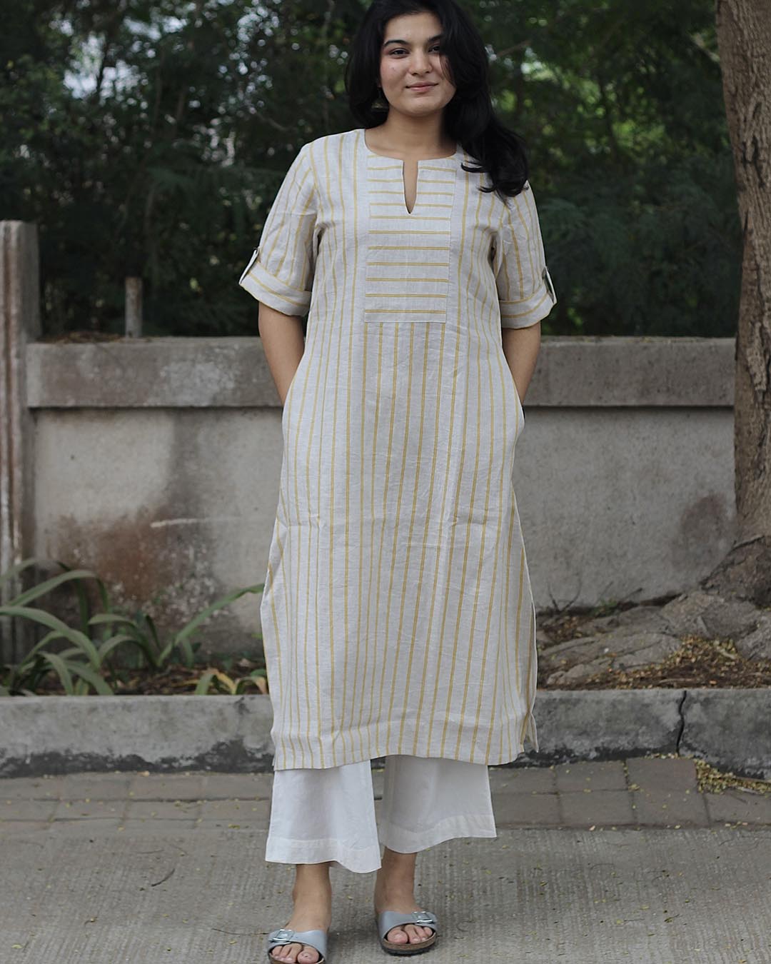 Premium linen Lemon Stripe Long kurta