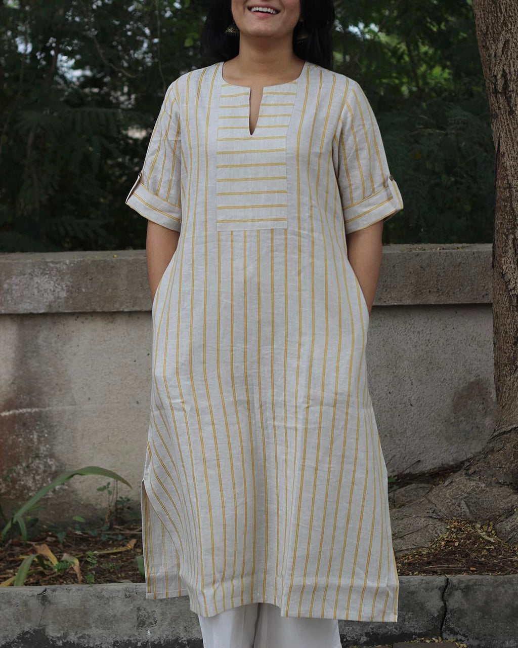 Premium linen Lemon Stripe Long kurta