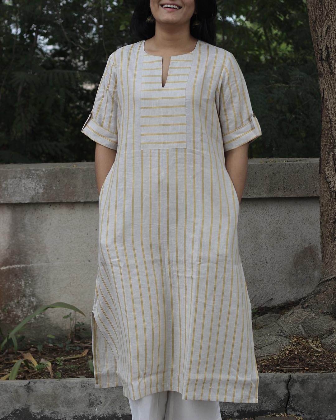 Premium linen Lemon Stripe Long kurta