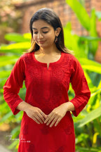 Ishani Red Chikankari Chanderi Kurta Pant Set