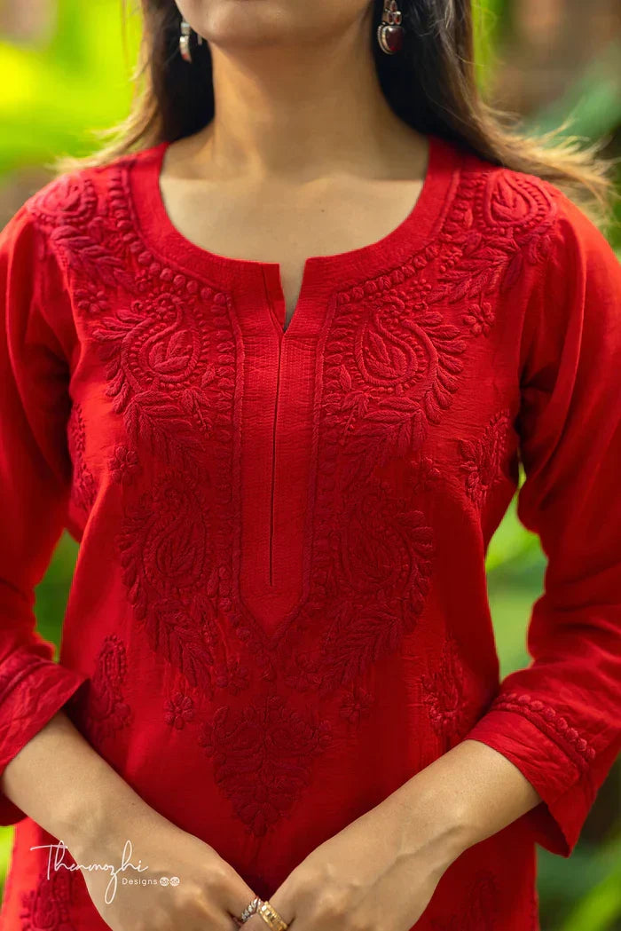Ishani Red Chikankari Chanderi Kurta Pant Set