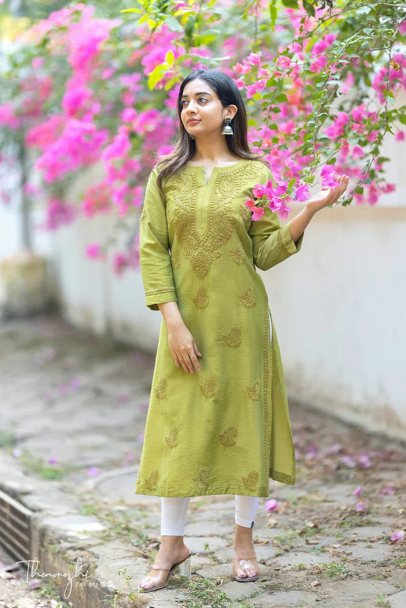 Niyara Olive Green Chikankari Kurta Pant Set