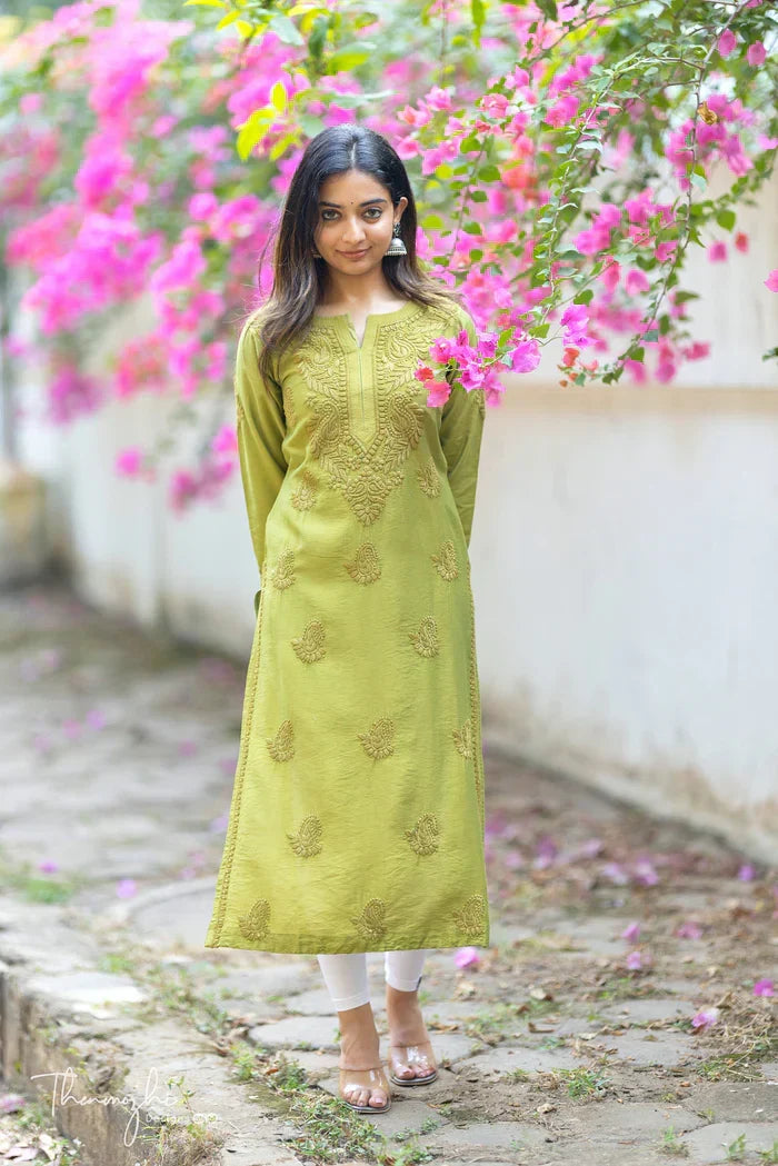Niyara Olive Green Chikankari Kurta Pant Set