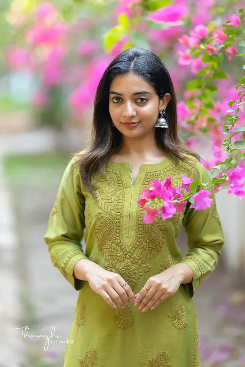 Niyara Olive Green Chikankari Kurta Pant Set