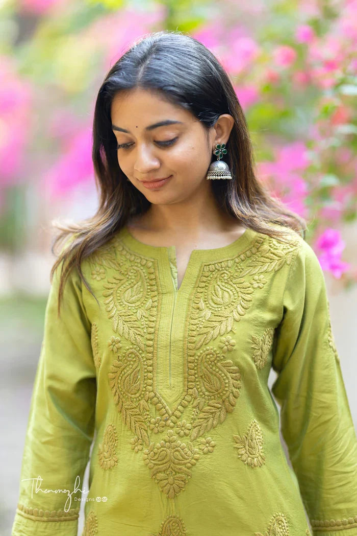 Niyara Olive Green Chikankari Kurta Pant Set