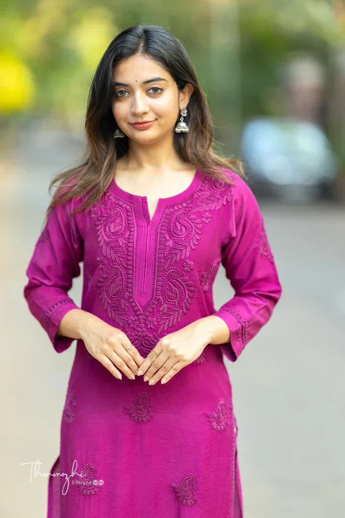 Lalita Magenta Chikankari Chanderi Kurta Pant Set