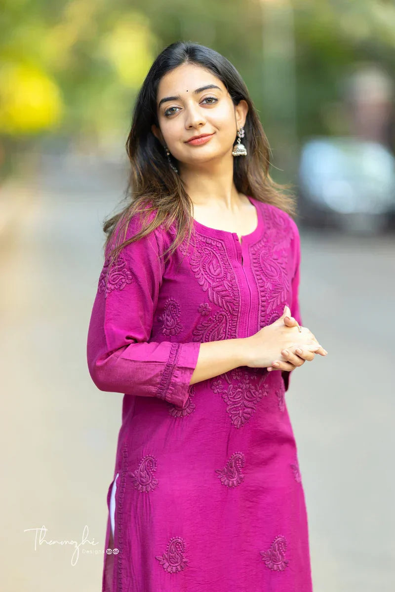 Lalita Magenta Chikankari Chanderi Kurta Pant Set