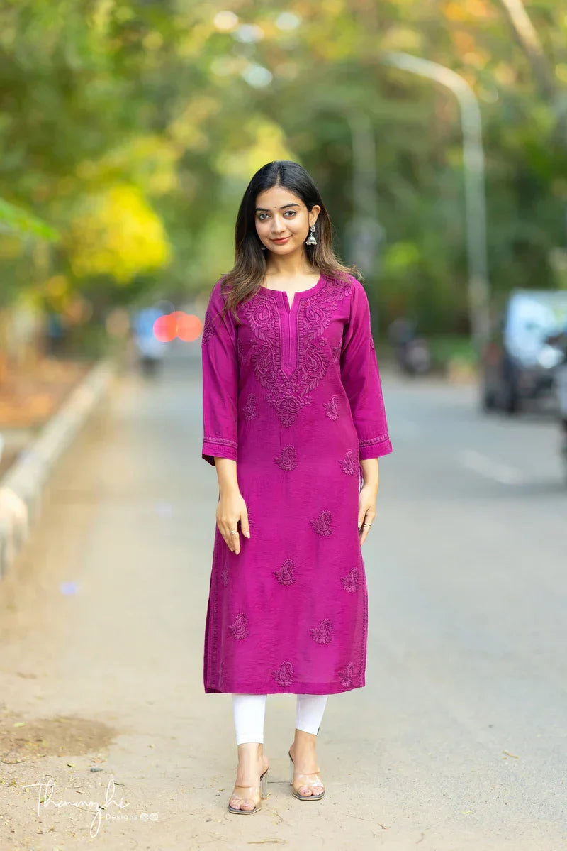 Lalita Magenta Chikankari Chanderi Kurta Pant Set