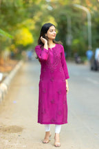 Lalita Magenta Chikankari Chanderi Kurta Pant Set
