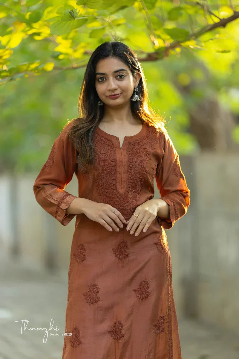 Lina Brown Chikankari Chanderi Kurta Pant Set