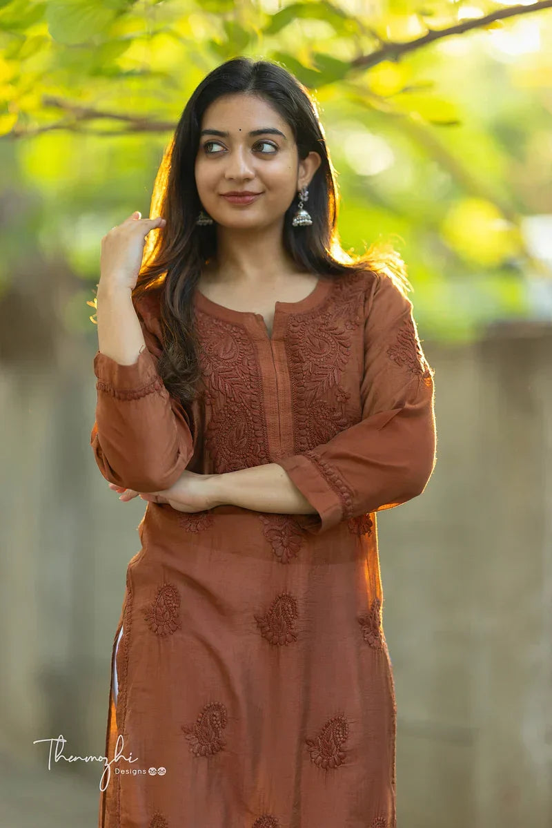 Lina Brown Chikankari Chanderi Kurta Pant Set