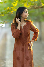 Lina Brown Chikankari Chanderi Kurta Pant Set