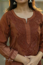 Lina Brown Chikankari Chanderi Kurta Pant Set