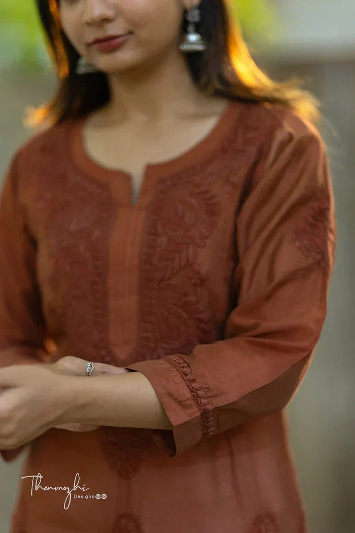 Lina Brown Chikankari Chanderi Kurta Pant Set