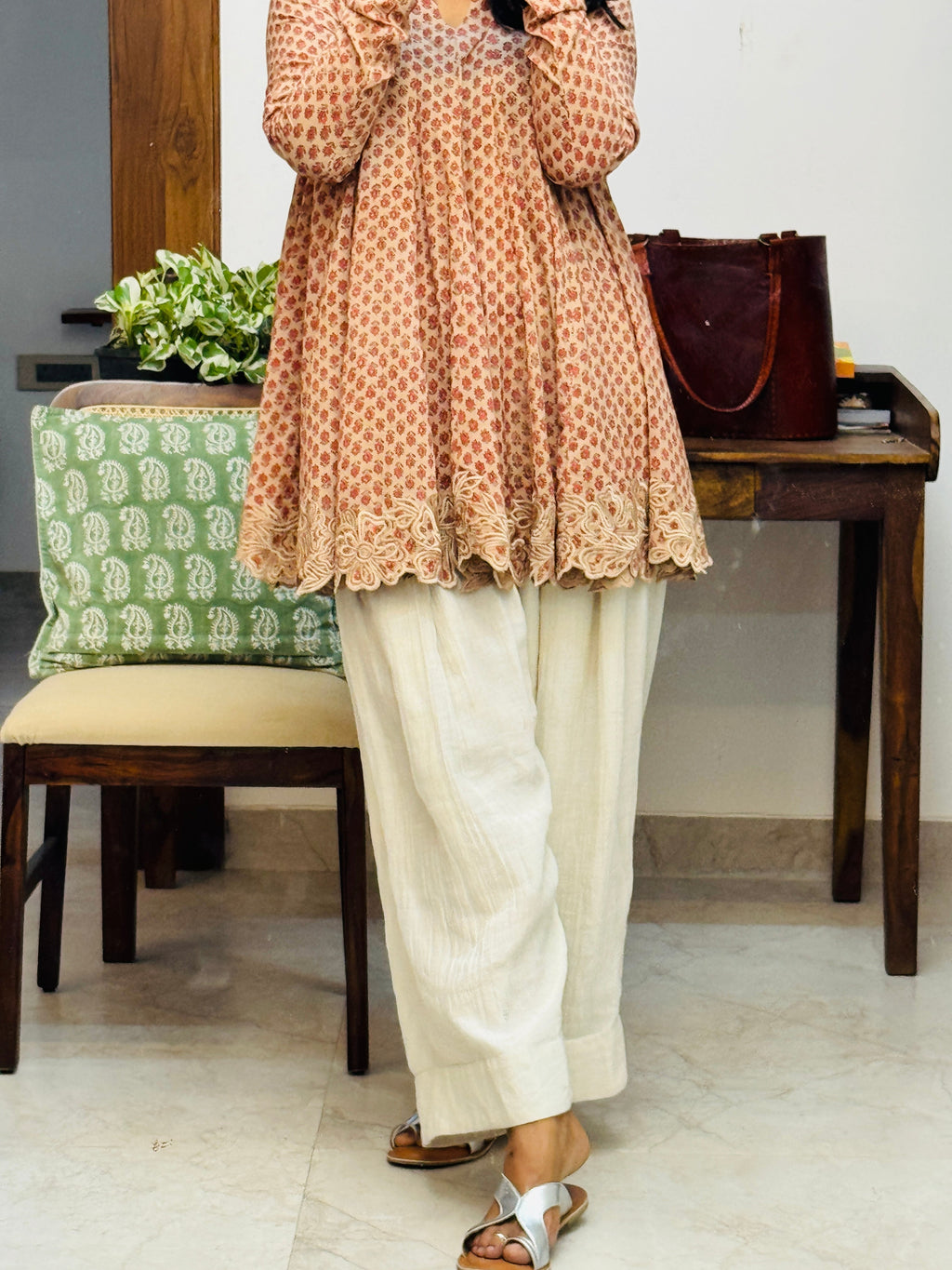 Beige cotton embroidered Anarkali with Farshi Salwar
