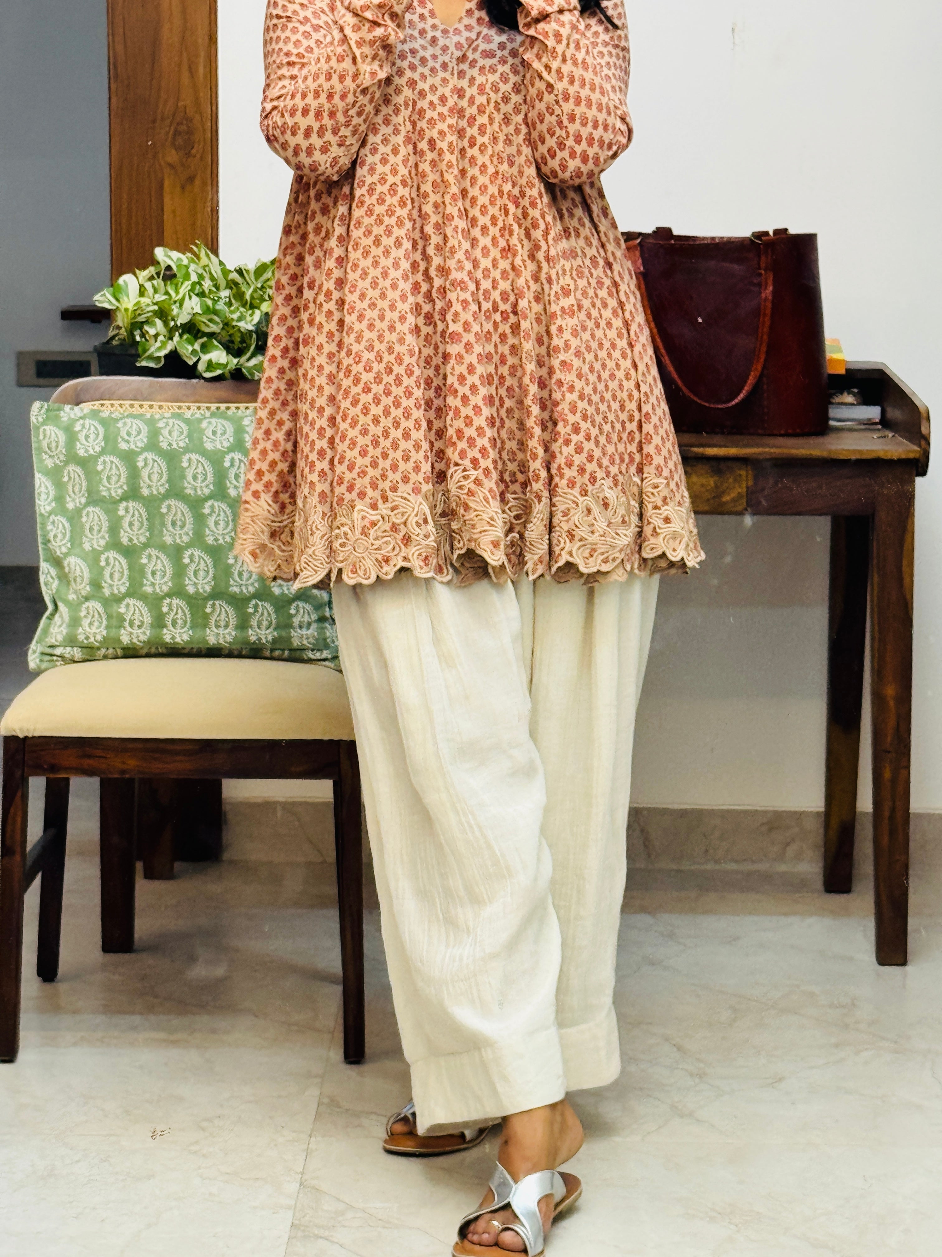 Beige cotton embroidered Anarkali with Farshi Salwar