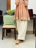 Beige cotton embroidered Anarkali with Farshi Salwar