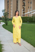 Oindrila Yellow Chikankari Kurta Palazzo Set