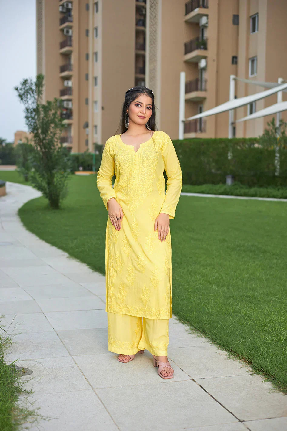 Oindrila Yellow Chikankari Kurta Palazzo Set