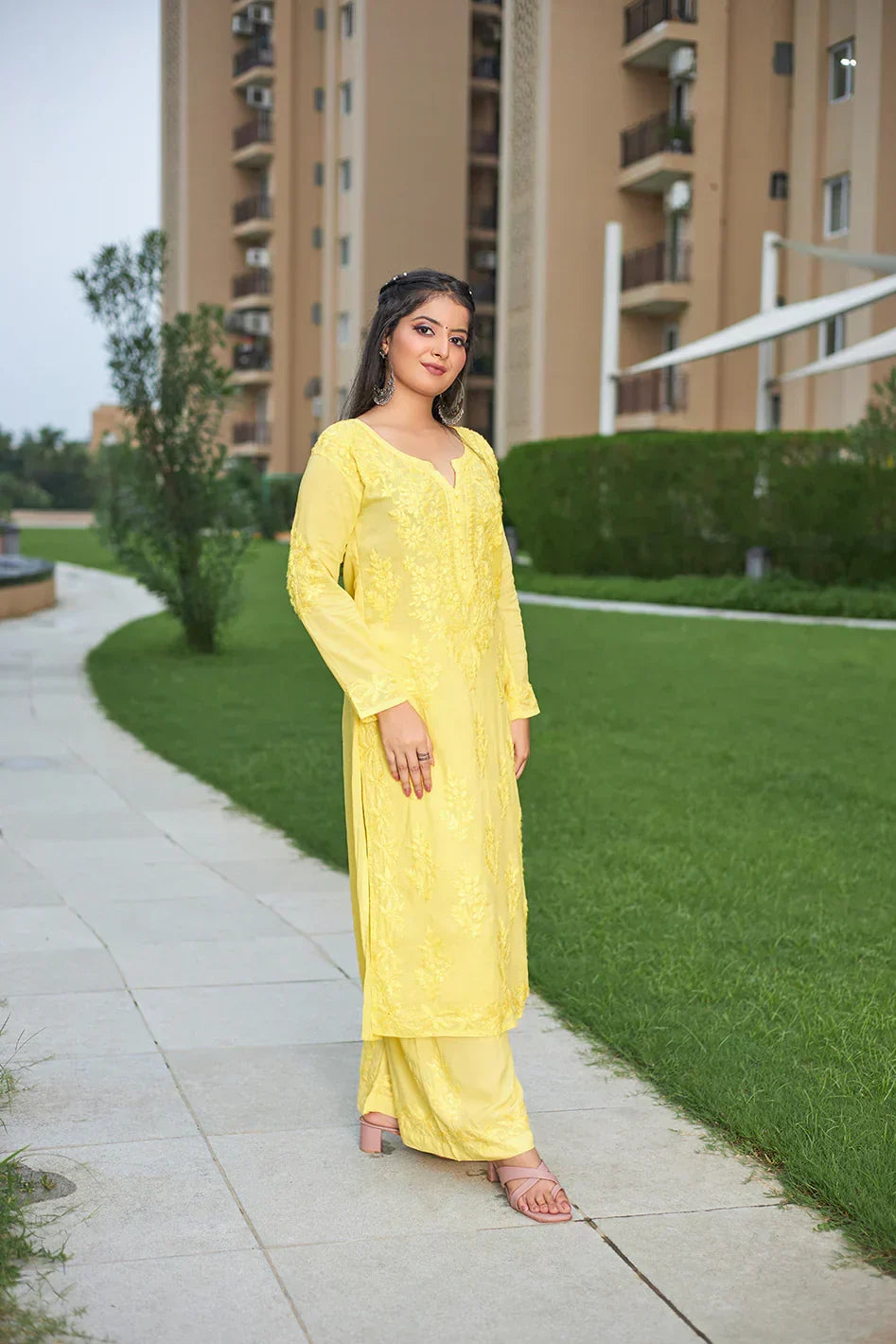 Oindrila Yellow Chikankari Kurta Palazzo Set