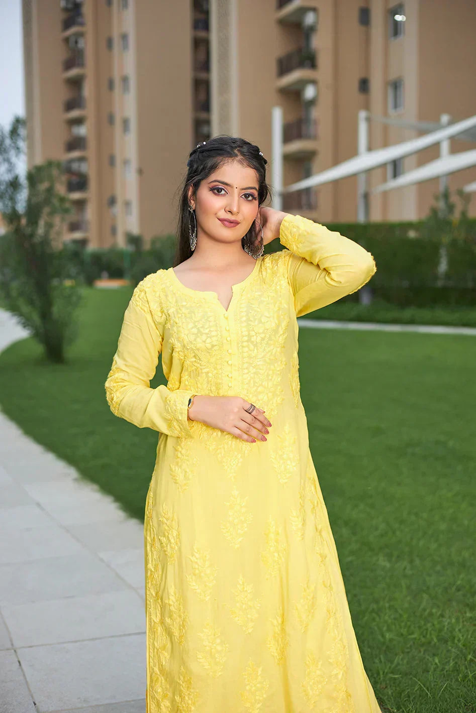 Oindrila Yellow Chikankari Kurta Palazzo Set