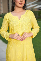 Oindrila Yellow Chikankari Kurta Palazzo Set