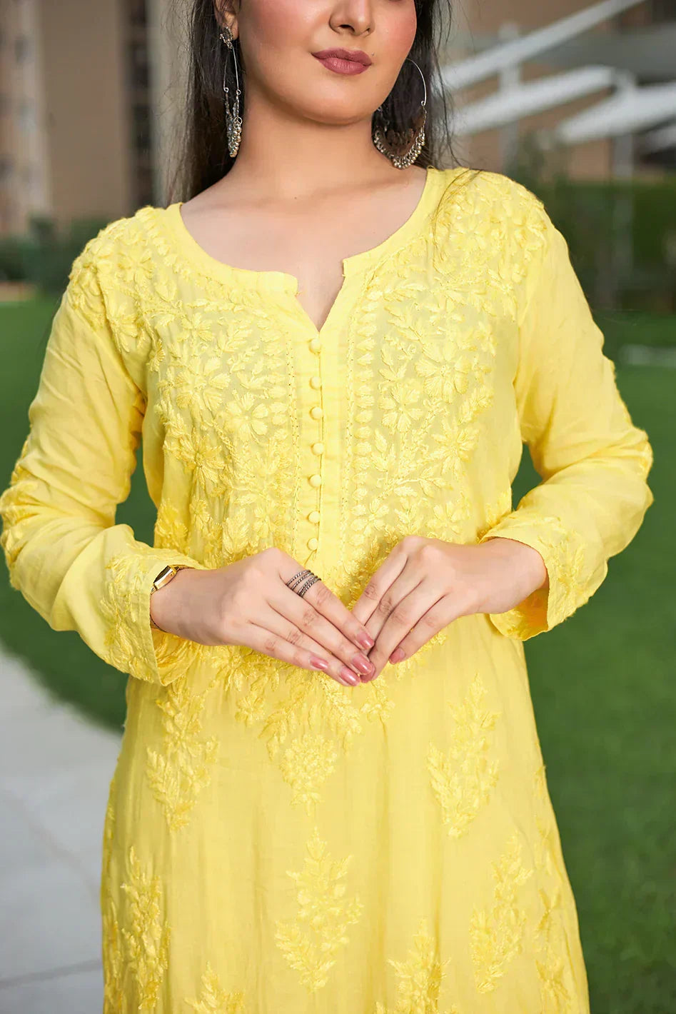 Oindrila Yellow Chikankari Kurta Palazzo Set