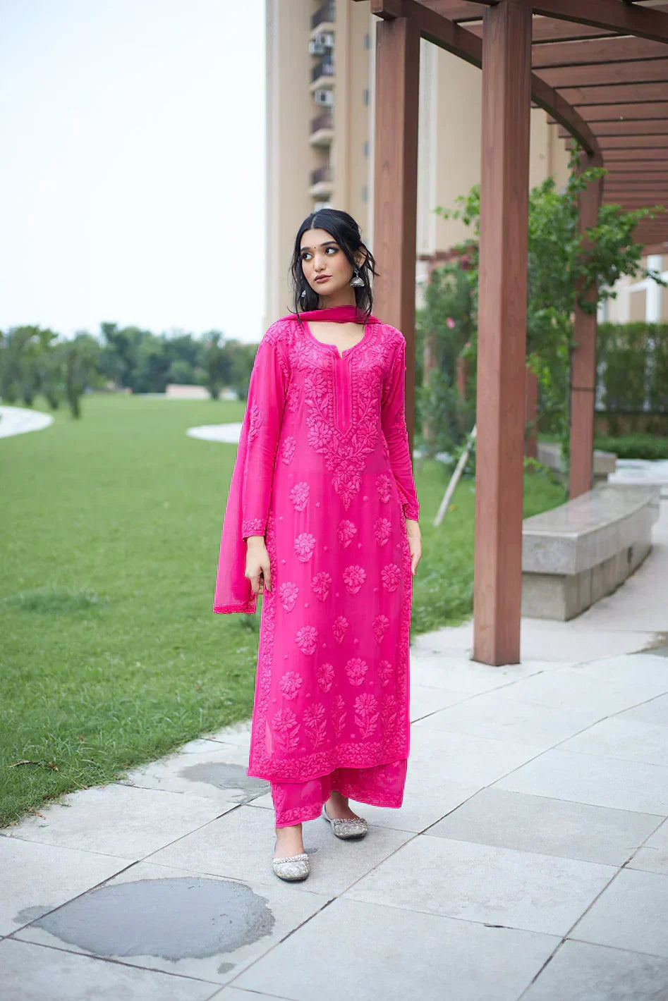 Mounika Dark Rani Pink Chikankari Kurta Palazzo Set