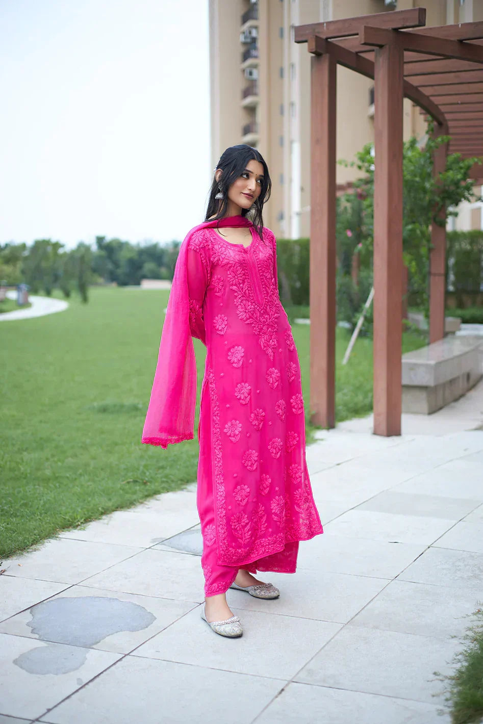 Mounika Dark Rani Pink Chikankari Kurta Palazzo Set
