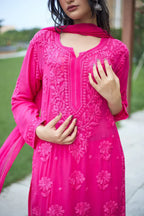 Mounika Dark Rani Pink Chikankari Kurta Palazzo Set