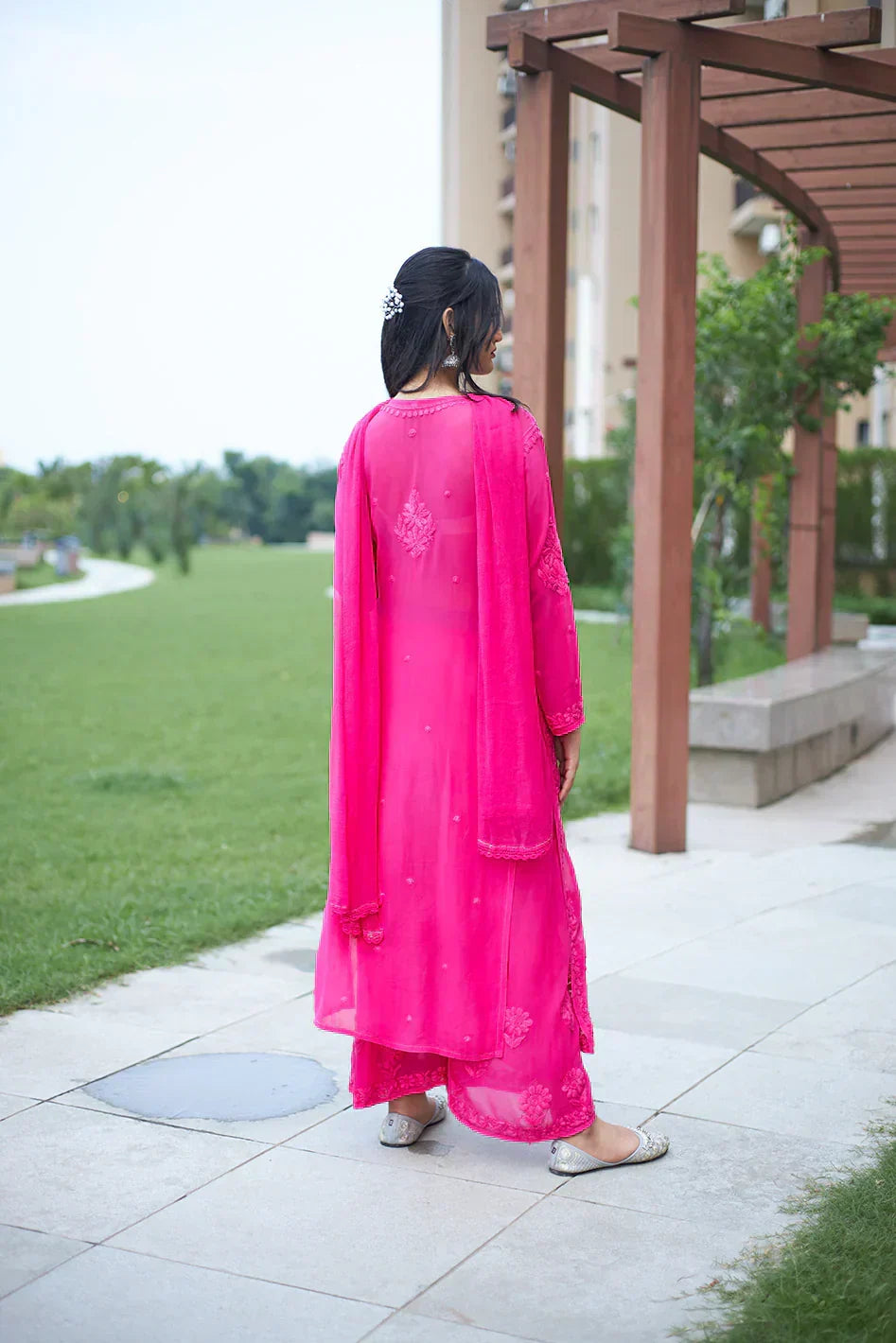 Mounika Dark Rani Pink Chikankari Kurta Palazzo Set