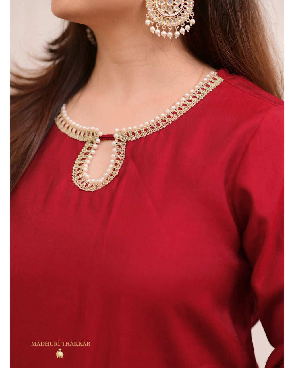 Maroon Red Roman Silk Pearl Co-ord Set