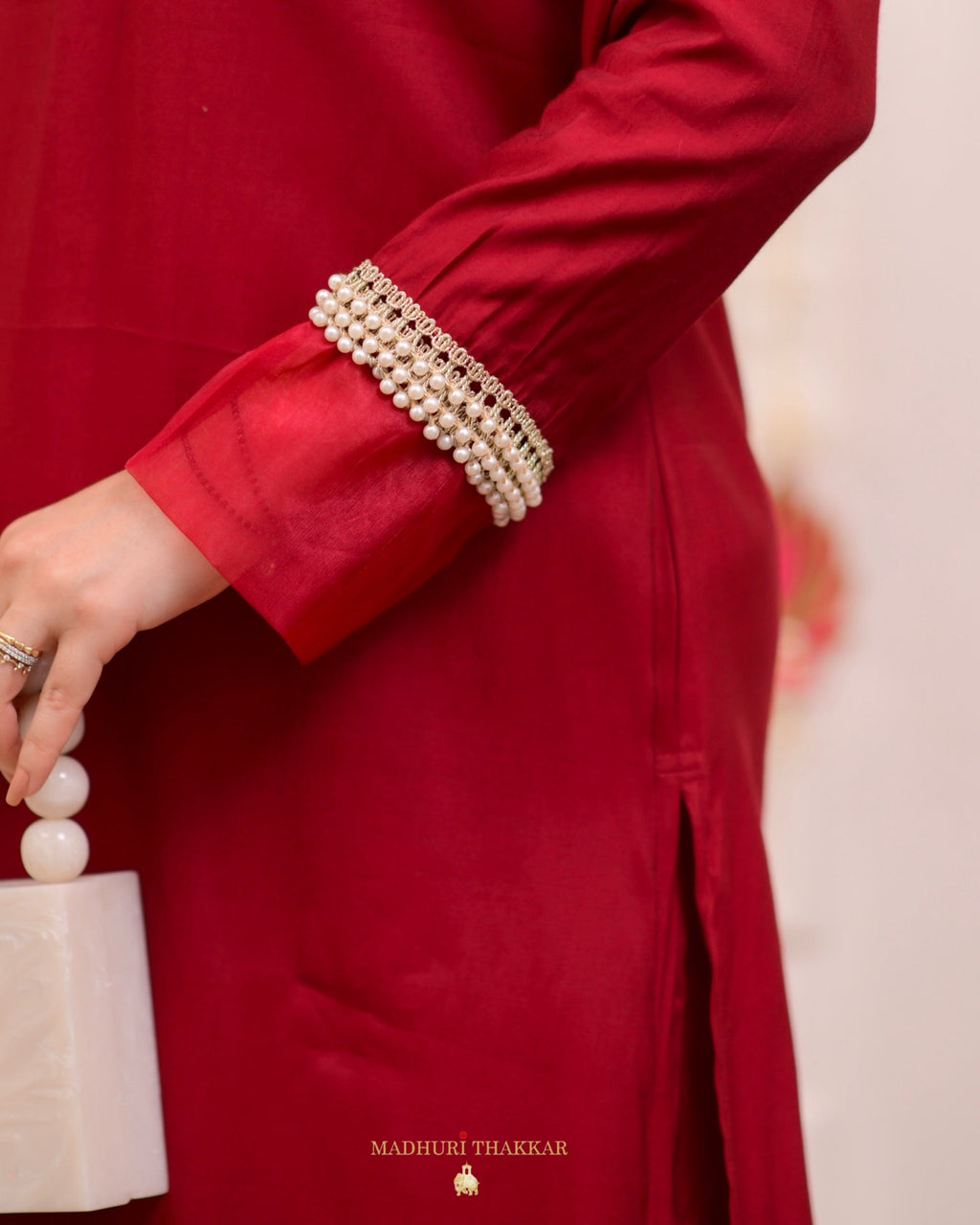 Maroon Red Roman Silk Pearl Co-ord Set