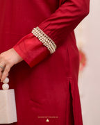 Maroon Red Roman Silk Pearl Co-ord Set