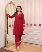 Maroon Red Roman Silk Pearl Co-ord Set