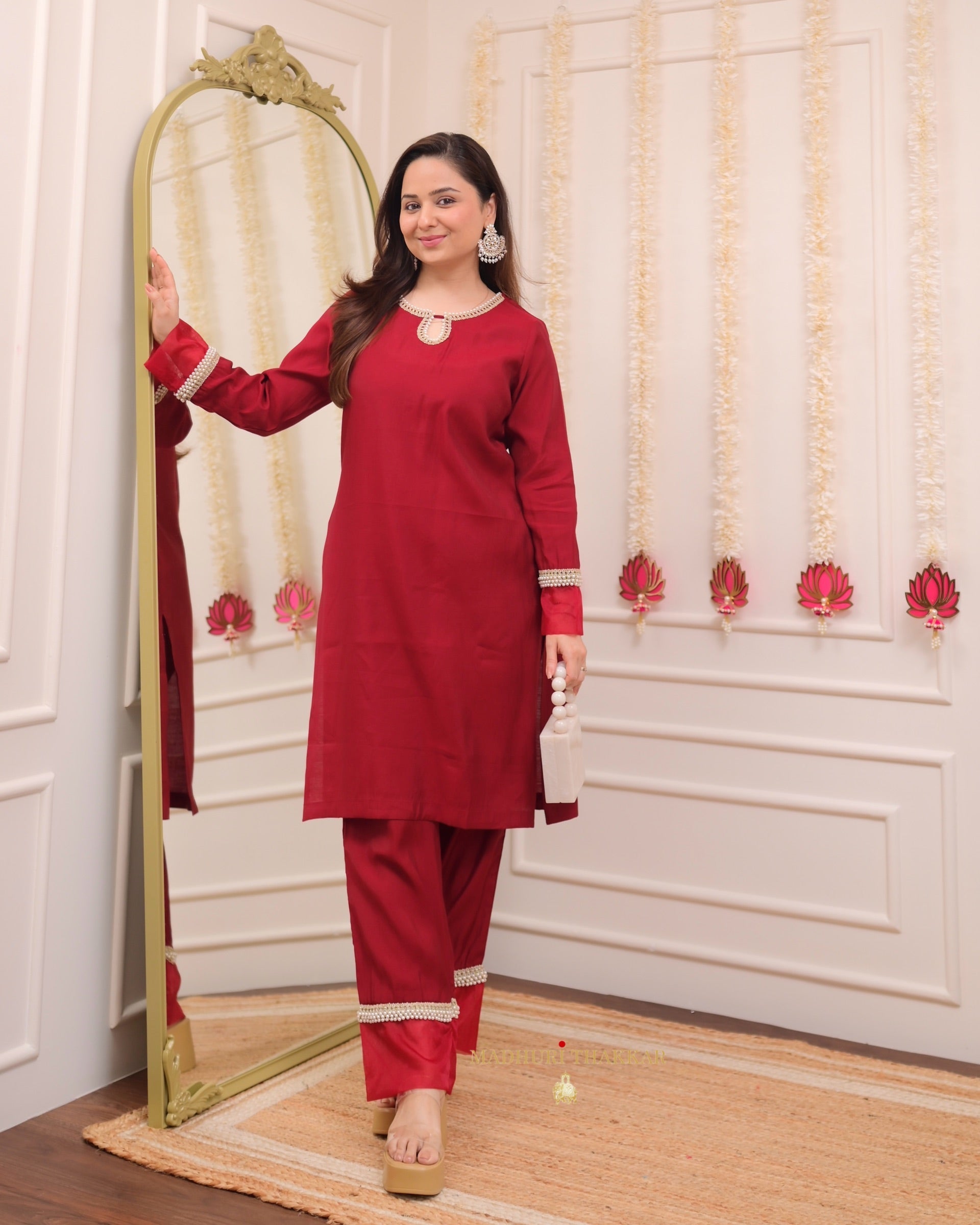 Maroon Red Roman Silk Pearl Co-ord Set