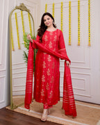Red Silk Jacquard Festive Suit Set
