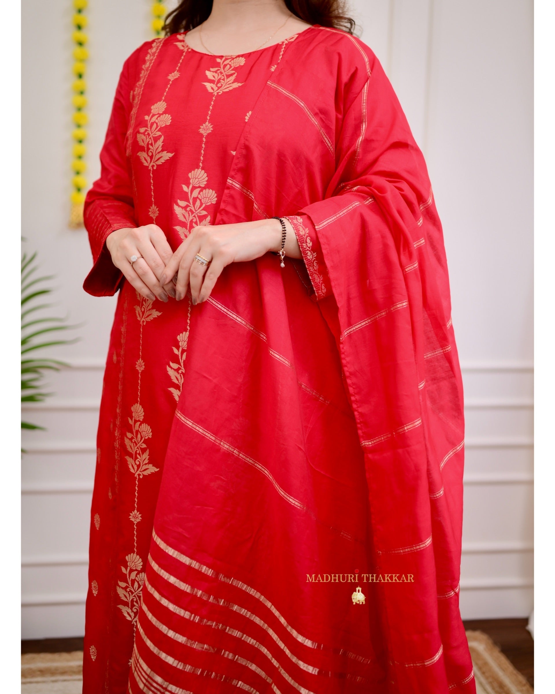 Red Silk Jacquard Festive Suit Set