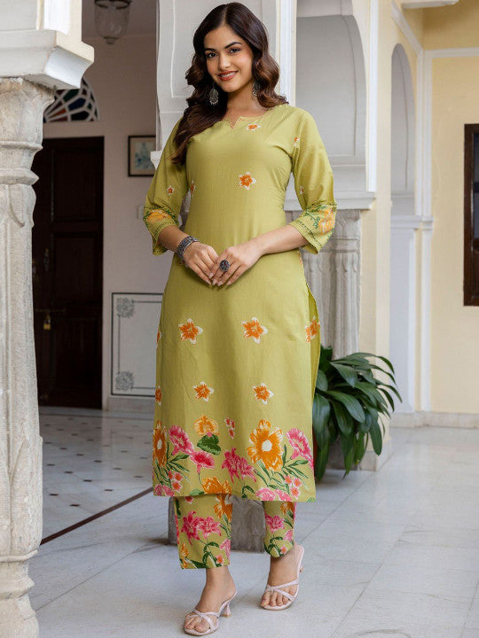 Green Printed Pure Cotton Straight Kurta Trouser Set