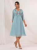Niva's Women's Light Blue Dobby Chiffon Embroidered A-line Dress