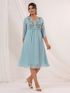 Niva's Women's Light Blue Dobby Chiffon Embroidered A-line Dress